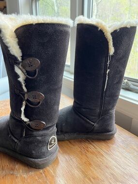 BearPaw Black Tall Button-Trim Shearling Boots